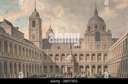 Madrid, Real Establecimiento Litográfico de Madrid, Madrid, Madrazo y Agudo, José de, Brambila, Fernando, Rouen, Asselineau, Léon Auguste, Vista del Patio de los Evangelistas del R. Monasterio de S. Lorenzo, Blick auf den Patio de los Evangelistas des Monasterio de San Lorenzo de El Escorial, Verso - gestempelt, gedruckt, Recto - gepredigt, Höhe 413 mm, Breite 565 mm, 1808 - 1889, Printmaker, 1824 - 1840, Papier, Farblithographie (Verfahren), nach, Malen, 22. April 1781 - 1859, Stockfoto
