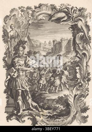 Augsburg, Hertel, Johann Georg (I), Nilson, Johann Esaias, Pintz, Johann Georg, Gläubige und Untreue, der üngetreue Schulmeister, Praeceptor Infidelis, untreuer Schulmeister, Augsburg, verso - gestempelt, führt Eine kleine Gruppe von Kindern einen untreuen Lehrer zur Festung im Hintergrund. Der Lehrer hat Handschellen und wird von den Kindern mit Stangen geschlagen. Um die Show herum ein Rocaillerahmen mit dem Gott Mars in Rüstung und eine weibliche Personifikation der Vorsicht mit Schlange, Spiegel und Fackel in ihren Händen. Im unteren Rand zweimal vierzeiliger deutscher und lateinischer Text. Druck, Ornamentdrucke, prin Stockfoto