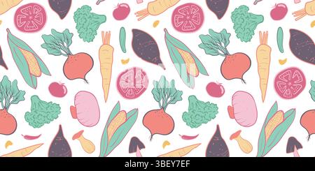 Ein nahtloses Gemüsemuster im handgezeichneten Doodle-Stil mit verschiedenen Gemüsesorten. Perfekt für digitale Hintergründe, Verpackungen, Geschenkpapier, Textil Stockfoto