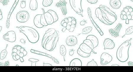 Ein nahtloses Gemüsemuster im handgezeichneten Doodle-Stil mit verschiedenen Gemüsesorten. Perfekt für digitale Hintergründe, Verpackungen, Geschenkpapier, Textil Stockfoto