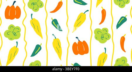 Ein nahtloses Gemüsemuster im handgezeichneten Doodle-Stil mit verschiedenen Gemüsesorten. Perfekt für digitale Hintergründe, Verpackungen, Geschenkpapier, Textil Stockfoto