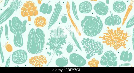 Ein nahtloses Gemüsemuster im handgezeichneten Doodle-Stil mit verschiedenen Gemüsesorten. Perfekt für digitale Hintergründe, Verpackungen, Geschenkpapier, Textil Stockfoto