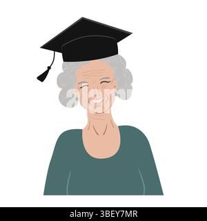 Porträt einer älteren Absolventin mit Abschlusshut. Konzept des lebenslangen Lernens. Porträt einer älteren Professorin, Vektor-isolierte Illustration. Stock Vektor