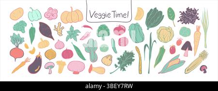 Ein Satz handgezeichneter Gemüseillustrationen in sanften Pastelltönen. Ideal für minimale Lebensmittelverpackungen, Rezeptblogs, soziale Medien oder sanfte Ästhetik Stockfoto