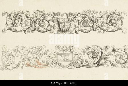 Amsterdam, Frankreich, Ducerceau, Paul Androuet, Friesen mit Blattzweigen, zwei Blattzweigen, Amsterdam, obere vier Putti, untere rechteckige Platte mit einem Putto mit einem Caduceus., Druck, Ornamentdrucke, Drucke, Höhe 167 mm, Breite 265 mm, Arbeitskonzept, Französisch, 1630 - 1710-02-01, nach der Konstruktion von, 1680 - 1700, viertes Viertel 17. Jahrhundert, viertes Viertel 18. Jahrhundert, erstes Viertel 18. Jahrhundert, Papier, Ätzen, Druckerei, Publikation (Ereignis), Publikation, Herausgeber Stockfoto