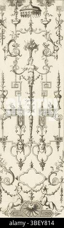 Augsburg, Wolf, Jeremiah, Frankreich, Berain, Jean (le Vieux), Augsburg, Ziertafeln, moderne Riesen mit femininer Herme, die Herme trägt einen Korb mit Früchten und Blättern auf dem Kopf., Druck, Ornamentdrucke, Drucke, Höhe 314 mm, Breite 103 mm, Deutsch, 1673 - 1724, Druckerei, 3. Quartal 17. Jahrhundert, 4. Quartal 17. Jahrhundert, 1. Quartal 18. Jahrhundert, Papier, Ätzen, Ätzen, Werkkonzeption, Frans, 1640-04 - 25.01.1711, nach Entwurf, Publikation, Verlag Stockfoto