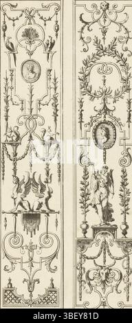 Augsburg, Wolf, Jeremiah, Frankreich, Berain, Jean (le Vieux), Augsburg, Ziertafeln, moderne Majoren mit zwei Medaillons, Druck, Ornamentdrucke, Drucke, Höhe 311 mm, Breite 147 mm, Deutsch, 1673 - 1724, Druckerei, 3. Quartal 17. Jahrhundert, 4. Quartal 17. Jahrhundert, 1. Quartal 18. Jahrhundert, Papier, Ätzen, Ätzen, Werkkonzeption, Frans, 04.06.1640, 25.01.1711, nach Entwurf, Publikation (Veranstaltung), Publikation, Herausgeber Stockfoto