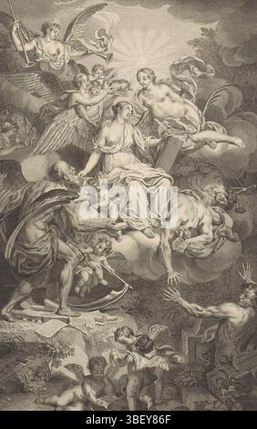 Homepage: Gerard van Loon, 1734 Allegorie, in der Geschichte, die auf den Wolken sitzt, von den Faam gekrönt wird und mit der Zeit eine offene Rolle ist., Druck, Höhe 354 mm, Breite 226 mm, Nordholland, 15.04.2009 1768.07.1696, Druckerei, 1734.1734, Papier, Gravur, Gravur (Druckverfahren), Werkkonzeption, 1693 - 1775-09-16, nach Entwurf, Publikation (Veranstaltung), Publikation, Herausgeber Stockfoto