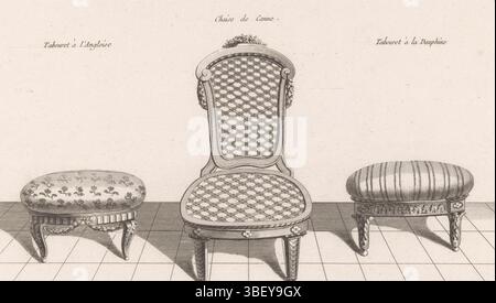 Paris, Le Père & Pierre-Michel Avaulez, Charles, Boucher, Juste Nathan Francois, Dupin, Nicolas, 4. Cahier, Sitzmöbel, Tabouret à l'Angloise, Chaise de Canne, Tabouret à la Dauphine, Stuhl und zwei Puffs, Paris, verso - gestempelt, zwei Puffs mit Blumen- und Streifenpolsterung und ein Stuhl mit karierten Polstern. Drucknummer 21., Druck, Ornamentdruck, Drucke, Ornamentdrucke, Höhe 205 mm, Breite 314 mm, Französisch, 1753, Drucker, 1772 - 1779, Papier, Ätzen, Gravieren, Gravieren (Druckverfahren), Arbeitskonzeption, 1736 - 1782-01, nach Entwurf, Publikation (Ereignis), Publikation, Stockfoto