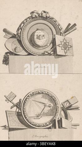 Paris, Chéreau, Jacques-Francois, Delafosse, Jean Charles, Nouvelle Iconologie Historique ou Attributes Hierogliphyques, H Medaillons, Géographie, L'Horographie, Geographie und gnomonica, Paris, verso - gestempelt, Medaillon mit einer Weltkugel mit einem Schloss, umringt sind Messinstrumente und eine Karte. Unten ist ein Medaillon mit Sonnenuhr und Messinstrumenten. Drucknummer 102., Druck, Ornamentdrucke, Drucke, Höhe 384 mm, Breite 235 mm, Frans, 1734 - 1791-10-11, Printmaker, 1768 - 1771, Papier, Ätzen, Gravieren, Gravieren (Druckverfahren), Arbeitskonzeption, nach eigenem Design Stockfoto