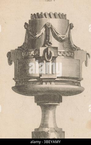 Baquoy, C., Paris, Chéreau, Jacques-Francois, Delafosse, Jean Charles, unbekannt, III. Band de l'oeuvre de J. CH. Delafosse, V Vasen Antiquitäten. Cahier V, Vase mit Vorhängen, verso - gestempelt, eine ornamentierte Vase mit Vorhängen und Ringen., Druck, Ornamentdrucke, Drucke, Höhe 253 mm, Breite 163 mm, Drucker, 1771 - 1771, Papier, Ätzen, Gravur, Gravur (Druckverfahren), Arbeitskonzept, Französisch, 1734 - 1791-10-11, laut Design, Publikation (Event), Publikation, 14. 10. 1742. 05. 1794, Herausgeber, Veröffentlichung, Veröffentlichung (Ereignis), Herausgeber Stockfoto