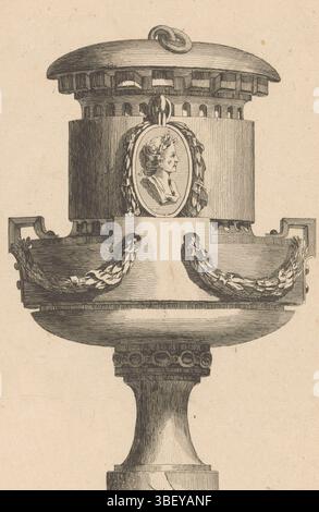 Baquoy, C., Paris, Chéreau, Jacques-Francois, Delafosse, Jean Charles, unbekannt, III. Band de l'oeuvre de J. CH. Delafosse, V Vasen Antiquitäten. Cahier V, Vase mit Medaillon, rückseitig gestempelt, eine Ornamentische Vase mit ovalem Medaillon mit Damenporträt und Profil und Girlanden., Druck, Ornamentdrucke, Drucke, Höhe 254 mm, Breite 163 mm, Drucker, 1771 - 1771, Papier, Ätzen, Gravur, Gravur (Druckverfahren), Arbeitskonzept, Französisch, 1734 - 1791-10-11, nach Design, Publikation (Event), Publikation, 14. 10. 1742. 05. 1794, Verlag Stockfoto