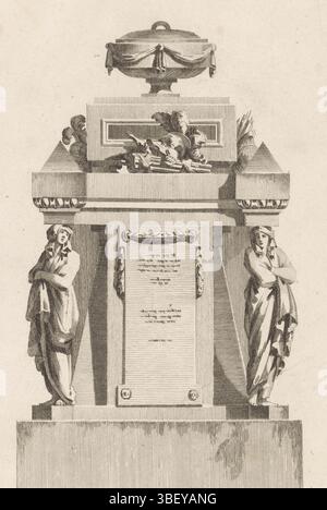 Paris, Chéreau, Jacques-Francois, Delafosse, Jean Charles, Littret de Montigny, Claude Antoine, IIe Band de l'oeuvre de J. CH. Delafosse, U Tombeau Antique, Tombe mit Karariatiden und Vase, Paris, Verso - gestempelt, Ein Grab mit zwei Karariatiden, Waffen und Helmen und einer Vase., Druck, Ornamentdrucke, Drucke, Höhe 316 mm, Breite 220 mm, 1735 - 1775, Printmaker, 1771 - 1771, Papier, Ätzen, Gravieren (Druckverfahren), Arbeitskonzept, Französisch, 1734 - 1791-10-11, nach Design, Publikation (Event), Publikation, 14. 10. 1742. 05. 1794, Verlag Stockfoto