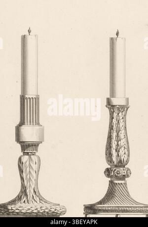 Paris, Chéreau, Jacques-Francois, Delafosse, Jean Charles, Berthault, III. Band de l'oeuvre de J. CH. Delafosse, 27e Cahier CC Cahier de 12 Flambeaux et Chandeliers de Table &c, zwei Kerzenleuchter, Paris, verso - gestempelt, zwei Kerzenleuchter mit Blattmotiven., Druck, Ornamentdrucke, Drucke, Höhe 371 mm, Breite 224 mm, Drucker, 1771 - 1771, Papier, Ätzen, Gravur (Druckverfahren), Arbeitskonzept, Französisch, 1734 - 1791-10-11, je nach Design, Publikation (Veranstaltung), Publikation, 14. 10. 1742. 05. 1794, Verlag Stockfoto