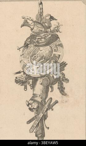 Augsburg, Gradmann, Johann, Delafosse, Jean Charles, Riedel, Gottlieb Friedrich, Trophäe mit rundem Schild, Augsburg, verso - gestempelt, Eine Trophäe mit Krügen, ein rundes Schild mit Figuren, eine Faszie, ein Gurt mit Federhelm und Schwertern. Verlagsnummer 20., Druck, Ornamentdrucke, Drucke, Höhe 279 mm, Breite 182 mm, Deutsch, 1724 - 1784, Printmaker, 1779 - 1779, Papier, Ätzen, Gravieren, Gravieren (Druckverfahren), Arbeitskonzeption, Französisch, 1734 - 1791-10-11, After Design, Publikation (Veranstaltung), Publikation, Herausgeber Stockfoto