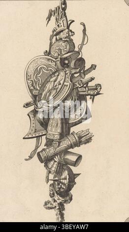 Augsburg, Gradmann, Johann, Delafosse, Jean Charles, Riedel, Gottlieb Friedrich, Trophäe mit Schilden und Pfeil Poker, Augsburg, verso - gestempelt, Eine Trophäe mit Helm, verschiedene Schilde, Waffen und ein Pfeil Poker. Verlagsnummer 20., Druck, Ornamentdrucke, Drucke, Höhe 277 mm, Breite 184 mm, Deutsch, 1724 - 1784, Printmaker, 1779 - 1779, Papier, Ätzen, Gravieren, Gravieren (Druckverfahren), Arbeitskonzeption, Französisch, 1734 - 1791-10-11, After Design, Publikation (Veranstaltung), Publikation, Herausgeber Stockfoto