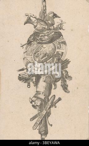 Augsburg, Gradmann, Johann, Delafosse, Jean Charles, Riedel, Gottlieb Friedrich, Trophäe mit rundem Schild, Augsburg, verso - gestempelt, Eine Trophäe mit Krügen, ein rundes Schild mit Figuren, eine Faszie, ein Gurt mit Federhelm und Schwertern. Verlagsnummer 20., Druck, Ornamentdrucke, Drucke, Höhe 280 mm, Breite 183 mm, Deutsch, 1724 - 1784, Printmaker, 1779 - 1779, Papier, Ätzen, Gravieren, Gravieren (Druckverfahren), Arbeitskonzeption, Französisch, 1734 - 1791-10-11, After Design, Publikation (Veranstaltung), Publikation, Herausgeber Stockfoto