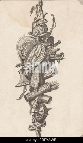 Augsburg, Gradmann, Johann, Delafosse, Jean Charles, Riedel, Gottlieb Friedrich, Trophäe mit Schilden und Pfeil Poker, Augsburg, verso - gestempelt, Eine Trophäe mit Helm, verschiedene Schilde, Waffen und ein Pfeil Poker. Verlagsnummer 20., Druck, Ornamentdrucke, Drucke, Höhe 280 mm, Breite 184 mm, Deutsch, 1724 - 1784, Printmaker, 1779 - 1779, Papier, Ätzen, Gravieren, Gravieren (Druckverfahren), Arbeitskonzeption, Französisch, 1734 - 1791-10-11, After Design, Publikation (Veranstaltung), Publikation, Herausgeber Stockfoto