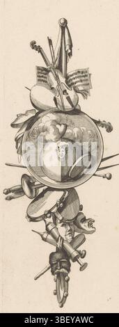 Augsburg, Riedel, Gottlieb Friedrich, Delafosse, Jean Charles, La Comedie, das Lustspiel, Komedie, Augsburg, verso - gestempelt, eine Trophäe mit Violine, Noten, Masken, Waffen, Tamburinen, Spritzen und ein rundes Medaillon mit einer schwarz-weißen Kugel mit narrenkopf., Druck, Ornamentdrucke, Drucke, Höhe 300 mm, Breite 108 mm, Drucker, 1771 - 1784, Papier, Ätzen, Gravur, Gravur (Druckverfahren), Werkkonzeption, Französisch, 1734 - 1791-10-11, nach dem Entwurf, Publikation (Veranstaltung), Publikation, Deutsch, 1724 - 1784, Herausgeber Stockfoto