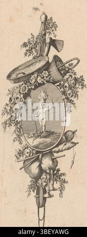 Augsburg, Riedel, Gottlieb Friedrich, Delafosse, Jean Charles, Pastorale, Schäferspiel, Hirtenspiel, Augsburg, Verso - gestempelt, eine Trophäe mit einer Axt, Körben, Blumen, Dudelsack und einem ovalen Medaillon mit einem Putto mit Flammen auf dem Kopf, einer Sense in der Hand und Münzen und einer Krone unter seinen Füßen. Rechts unter E nummeriert., Druck, Ornament Prints, Prints, rückseitig - gestempelt, Höhe 300 mm, Breite 106 mm, Druckmaschine, 1771 - 1789, Papier, Ätzen, Gravieren, Gravieren (Druckverfahren), Arbeitskonzept, Französisch, 1734 - 1791-10-11, nach Entwurf, Publikation (Veranstaltung), Publikation, Deutsch, 1724 - 1 Stockfoto