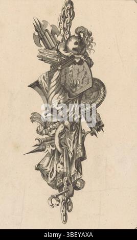 Augsburg, Gradmann, Johann, Delafosse, Jean Charles, Riedel, Gottlieb Friedrich, Trophäe mit Helm und Schilden, Augsburg, rückseitig gestempelt, Trophäe mit Äxten, Pfeilpoker, Helm, zwei Schilde, Kopfabdeckung und Waffen. Verlagsnummer 20., Druck, Ornamentdrucke, Drucke, rückseitig - gestempelt, Höhe 278 mm, Breite 184 mm, Deutsch, 1724 - 1784, Drucker, 1779 - 1779, Papier, Ätzen, Gravieren, Gravieren (Druckverfahren), Work Conception, Französisch, 1734 - 1791-10-11, After Design, Publikation (Veranstaltung), Publikation, Herausgeber Stockfoto