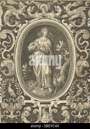 Amsterdam, WIT, Frederik de, Bruyn, Nicolaes de, Nederland, de Hoop, in der Ornamentiste, flache Dekorationen. Ovale mit vier Tugenden in einem Rahmen aus grotesken Tieren, flache Dekoration mit Spes, Amsterdam, Niederlande, Blatt 2 der Serie mit 4 nummerierten Blättern mit flacher Dekoration. SPEs, stehend in Oval. In der Mitte des Rahmens über vier Drachen, davon zwei mit verdrehten Schwänzen. Hintergrund, Druck, Ornament Prints, Drucke, Höhe 111 mm, Breite 85 mm, Zuid-Nederlands, 1571 - 1656-10, Printmaker, 1639 - 1706, viertes Viertel 16. Jahrhundert, erstes Viertel 17. Jahrhundert, zweites Viertel 17. Jahrhundert, drittes Stockfoto