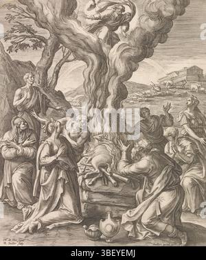 Sadeler, Johann (I), Vos, Maerten de, unbekannt, Sadeler, Raphael (I), Opfer Noahs nach der Flut, verso links unter - gestempelt, nach der Flut Noah und seine Familie opfern einen Stier auf einem Altar. Gott genehmigt das Opfer und erscheint im Himmel. Der vierte Druck aus einer neunten Serie mit Szenen aus dem Alten Testament., Druck, Höhe 195 mm, Breite 242 mm, Zuid-Nederlands, 1560, Druckerei, 1570 - 1632, Papier, Gravur, Gravur (Druckverfahren), 1532 - 1603-12-04, fortgeschrittener Zeichner, nach Zeichnung, Veröffentlichung (Ereignis), Publikation, 1550 - 1600-08, Verlag Stockfoto