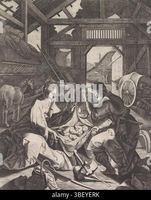 Winghe, Joos of, unbekannt, Sadeler, Raphael (I), Geburt Christi, rückseitig Mitte unter - gestempelt, im Stall zeigt die Jungfrau Maria Josef das Christuskind. Er beugt sich dem Kind zu, mit einer Öllampe in der linken Hand., Druck, rückseitig Mitte unten - eingestanzt, Breite 216 mm, Höhe 270 mm, Südholland, 1560, Druckerei, 1570 - 1632, Papier, Gravur, Gravur (Druckverfahren), Ätzen, Arbeitskonzept, Noord-Nederlands, 1544 - 1603-182-18 Stockfoto