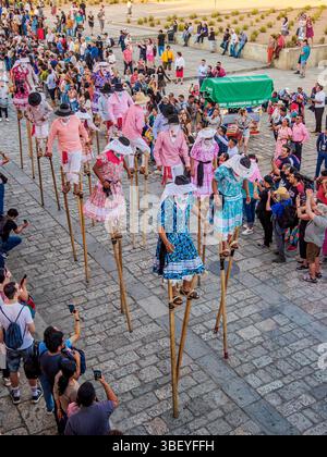 Menschen auf Stelzen in der Karnevalsparade in der Mazedonio Alcala Street, Oaxaca de Juarez, Oaxaca State, Mexiko Stockfoto