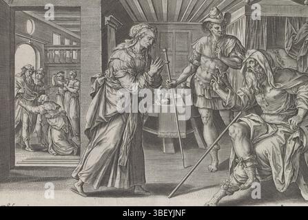 Amsterdam, Visscher, Claes Jansz. II), Vos, Maerten de, Collaert, Hans (I), Theatrum Biblicum hoc Est Historiae Sacrae Veteris et Novi Testamenti Tabulis Aeneis Expressae, Geschichte der Elisa und die Frau aus Sunem, Elisa besucht die Frau aus Sunem, Amsterdam, der Prophet Elisa ist Gast eines Paares in Sunem. Die Frau hat ein Zimmer für Elischa und seinen Diener Gechazi eingerichtet. Als Belohnung für ihre Gastfreundschaft verspricht er ihr im Vordergrund, dass sie und ihr alter Ehemann in einem Jahr einen Sohn haben werden. Gechazi steht zwischen der Frau und Elisa. Unter der Darstellung eine Referenz i Stockfoto