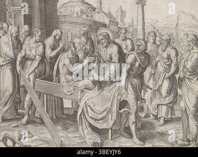 Amsterdam, Visscher, Claes Jansz. II) Groeningen, Gerard van, Wierix, Johannes, Theatrum Biblicum hoc Est Historiae Sacrae Veteris et Novi Testamenti Tabulis Aeneis Expressae, Wunder Christi, Auferstehung des Sohnes der Witwe aus Nain, Amsterdam, Christus erweckt den Sohn der Witwe aus Nain zum Leben. Der Junge sitzt auf seiner Leiche und sieht Christus an. Der Trauerzug verlässt das Tor der Stadt. Unter der Darstellung ist ein lateinischer Verweis auf den Bibeltext in Luc. 7:11 Uhr. Dieser Ausdruck ist Teil eines Albums., Druck, Albumsheet, Ausdrucke, Höhe 207 mm, Breite 260 mm, Zuid-Nederlands, 1549 - Stockfoto