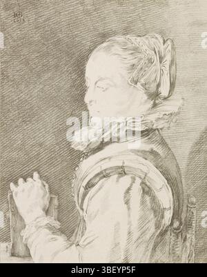 Amsterdam, Ploos van Amstel, Cornelis, Goltzius, Hendrick, Körnlein, Johannes, Porträt von Maria Tesselschade Roemers Visscher, Porträt einer jungen Frau, Amsterdam, Rückseite des Druckes - handgeschrieben in Stift, Porträt einer unbekannten Frau mit Hut auf dem Kopf, gekleidet nach der Mode des frühen 17. Jahrhunderts, links sitzend an einem Tisch, auf einem Buch ruhend. Nur Schwarzplatte., Druck, Verso Pappe und Verso Druck - gestempelt, unvollendeter Versuch für Lord .... L Matayer. CPvA, H. Goltzius del. 1612/ CPvAmstel JC F1770, Höhe 260 mm, Breite 208 mm, - 1772, Printmaker, 1770 - 1770, p. Stockfoto
