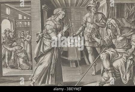Alkmaar, Schabaelje, Jan Philipsz, Amsterdam, Visscher, Claes Jansz. II), Vos, Maerten de, Collaert, Hans (I), den Grooten Figuer-Bibel, Geschichte von Elisa und der Frau aus Sunem, Van Eliseus und Sunamitinne, Elisa besucht die Frau aus Sunem, unter rechts - handgeschrieben in brauner Tinte, der Prophet Elisa ist Gast bei einem Paar in Sunem. Die Frau hat ein Zimmer für Elischa und seinen Diener Gechazi eingerichtet. Als Belohnung für ihre Gastfreundschaft verspricht er ihr im Vordergrund, dass sie und ihr alter Ehemann in einem Jahr einen Sohn haben werden. Gechazi steht zwischen der Frau und Elisa. Unter dem Rere Stockfoto