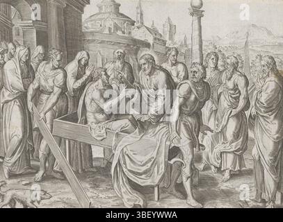 Alkmaar, Schabaelje, Jan Philipsz, Amsterdam, Visscher, Claes Jansz. II) Groeningen, Gerard van, Wierix, Johannes, den Grooten Figuer-Bibel, Wunder Christi, Wunder in Ierusalem und anderswo, Auferstehung des Sohnes der Witwe aus Nain, unter der Rechten erweckt Christus den Sohn der Witwe aus Nain. Der Junge sitzt auf seiner Leiche und sieht Christus an. Der Trauerzug verlässt das Tor der Stadt. Unter der Darstellung ist ein lateinischer Verweis auf den Bibeltext in Luc. 7:11 Uhr. Dieser Ausdruck ist Teil eines Albums., drucken, Albumsheet, Ausdrucke, 65, unten rechts – handgeschrieben in brauner Tinte, 3 Stockfoto
