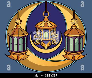 Elegante Eid Mubarak Laternen mit mondförmigen Goldmustern Stock Vektor