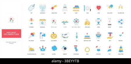 Öffentliche, nationale und religiöse Feiertage, lustige Partys und Ikonen in den Farben der Speisen. Feuerwerk und Champagnergläser, Krone und Blumen, Ballons, um Feiertage flache Vektor-Illustration zu feiern Stock Vektor