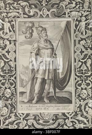 Londerseel, Assuerus van, Nederlanden, Bruyn, Nicolaes de, die neun besten, Iosue Dux, Joshua, ein berühmter Feldherrn aus dem Alten Testament, steht mit einem Schwert und einem Banner in den Händen einer Landschaft. Er gehört zu den Nine Bests. Unter der Show ist ein lateinischer Vers zu sehen. Die Vorstellung ist in einem Rahmen mit lockigen Namen und verschiedenen Tieren wie Kaninchen, Hunden, Eichhörnchen und Vögeln eingefasst. Dieser Ausdruck ist Teil eines Albums., Druck, Albumsheet, Ausdrucke, Höhe 289 mm, Breite 207 mm, Zuid-Nederlands, 1571 - 1656-10, Printmaker, 1582 - 1635, Papier, Gravur, Gravur (Druckverfahren), Publikation (Veranstaltung), Pub Stockfoto