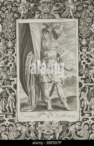 Londerseel, Assuerus van, Nederlanden, Bruyn, Nicolaes de, Nine Best, ArTu Rex, König Arthur, ein berühmter Feldherrn aus der christlichen Ära, steht mit einem Banner in der Hand in einer Landschaft. Er gehört zu den Nine Bests. Unter der Show ist ein lateinischer Vers zu sehen. Die Show ist in einem Rahmen mit lockigen Namen und mehreren Tieren wie einer Katze, die auf einer Maus lauert, Affen und Kaninchen, die zwei Jungen jagen, eingefasst. Dieser Ausdruck ist Teil eines Albums., Druck, Albumsheet, Ausdrucke, Höhe 293 mm, Breite 208 mm, Zuid-Nederlands, 1571 - 1656-10, Printmaker, 1582 - 1635, Papier, Gravur, Gravur (Druckverfahren), Publikation (Veranstaltung) Stockfoto