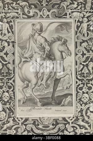 Londerseel, Assuerus van, Nederlanden, Bruyn, Nicolaes de, neun beste, Alexander Macedo, Alexander der große, ein berühmter Feldherrn aus der Antike, auf dem Schlachtfeld zu Pferd. Er gehört zu den Nine Bests. Unter der Show ist ein lateinischer Vers zu sehen. Die Vorstellung ist in einem Rahmen mit lockigen Namen und verschiedenen Tieren wie Kaninchen, Hunden, Eichhörnchen und Vögeln eingefasst. Dieser Ausdruck ist Teil eines Albums., Druck, Albumsheet, Ausdrucke, Höhe 287 mm, Breite 205 mm, Zuid-Nederlands, 1571 - 1656-10, Printmaker, 1582 - 1635, Papier, Gravur, Gravur (Druckverfahren), Publikation (Veranstaltung), Publikation, 1572 Stockfoto