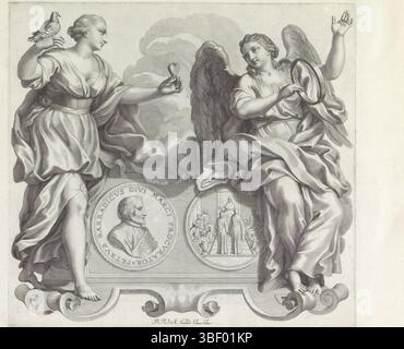 Barbarigo, Giovanni Francesco, Audenaerd, Robert van, Rom, Numismata virorum illustrium ex Barbatica gente, Porträt von Pietro Barbarigo und die Personifizierungen von Unaufrichtigkeit und Unsterblichkeit, verso-gestempelt, Fußstück in Form einer Kartusche. Dann ein Medaillon mit dem Porträt von Pietro Barbarigo, Prokurator der Basilika San Marco in Venedig. Auf der Rückseite befindet sich eine Gruppe von Senatoren des Dogen von Venedig. Flankiert wird das Podest von der weiblichen Personifikation der Ehrlichkeit mit Taube und Herz. Recht ist Unsterblichkeit: Eine Frau mit Flügeln und einem goldenen Kreis. Der Ausdruck ist Teil Stockfoto