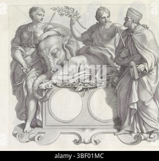 Barbarigo, Giovanni Francesco, Audenaerd, Robert van, Rom, Numismata virorum illustrium ex Barbatica gente, Blanco Medaillon und die Personifizierungen von Moderatness, Peace and Ice, verso - gestempelt, Footpiece in Form einer Kartusche. Dann ein Medaillon mit einer leeren Vorder- und Rückseite. Die Frau auf der linken Seite hat einen Stiel, der an einem Pfeil befestigt ist, und ihren Arm auf dem Kopf eines Elefanten. Sie sind die Personifikation der Moderne. Die mittlere Frau ist die Personifizierung des Friedens. Sie sitzt auf allerlei Waffen und hat einen Olivenzweig in der Hand. Sie legt ihren Arm auf die Schulter eines Mannes mit Auspeitschen und Stockfoto