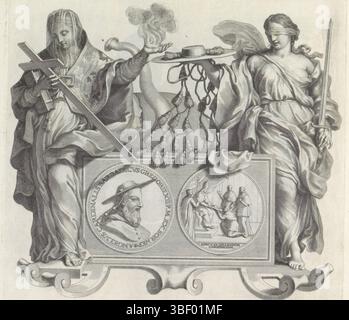 Barbarigo, Giovanni Francesco, Audenaerd, Robert van, Rom, Numismata virorum illustrium ex Barbadica gente, Porträt von Angelo Barbarigo und die Personifizierungen von Religion und Unparteilichkeit, verso-gestempelt, Fußstück in Form einer Kartusche. Dann ein Medaillon mit dem Porträt von Angelo Barbarigo auf der Vorderseite, mit Kardinalshut. Auf dem Rücken des Papstes unter einem Baldachin. Er überreicht den Hut eines Kardinals. Der Sockel wird von Religion und Unparteilichkeit oder Gerechtigkeit flankiert. Religion wird als verschleierte Frau mit Kreuz und Buch dargestellt. In ihrer linken Hand, eine Flamme. Neben ihr ist ein Elefant. Die Stockfoto