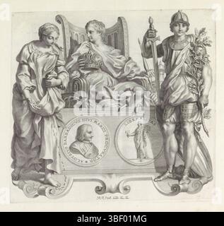 Barbarigo, Giovanni Francesco, Audenaerd, Robert van, Rom, Numismata virorum illustrium ex Barbatica gente, Porträt von Alvise Barbarigo und den Charakteren der Freiheit, des Reichtums und der Hilfe, verso - gestempelt, Fußstück in Form einer Kartusche. Dann ein Medaillon mit dem Porträt von Alvise Barbarigo in Rüstung auf der Vorderseite. Auf dem Rücken die weibliche Personifikation der Generity (Liberalitas). Links neben dem Podest die weibliche Personifikation der Großzügigkeit. Außerdem eine Frau auf einem Thron mit Zepter und Krone. Ihre Beine sind Schafe. Sie ist die Personifikation des Reichtums. Richtig Stockfoto