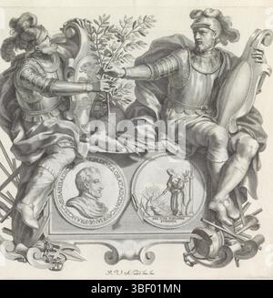 Barbarigo, Giovanni Francesco, Audenaerd, Robert van, Rom, Numismata virorum illustrium ex Barbatica gente, Porträt von Francesco Barbarigo und den Figuren von Brescia und Bergamo, verso gestempelt, Fußstück in Form einer Kartusche. Dann ein Medaillon mit dem Porträt von Francesco Barbarigo auf der Vorderseite. Auf der Rückseite verbrennt Peace eine Rüstung. Auf dem Sockel befinden sich zwei gepanzerte Männer. Sie geben einander einen Lorbeerzweig. Die Linke hat einen Schild mit der Waffe der italienischen Provinz Brescia in den Händen. Der Richter hält die Waffe der italienischen Provinz Bergamo. Brescia und Bergamo kamen aus Stockfoto