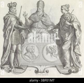 Barbarigo, Giovanni Francesco, Audenaerd, Robert van, Rom, Numismata virorum illustrium ex Barbatica gente, Porträts von Andrea und Giorgio Barbarigo, zusammen mit dem spanischen König und der Personifikation von Venedig, verso gestempelt, Fußstück in Form einer Kartusche. Dann ein Medaillon mit den Porträts von Andrea und Giorgio Barbarigo auf der Vorderseite. Sie tragen eine curas- oder Brustpanzer. Auf der Rückseite Victoria. Der Sockel ist umgeben von dem spanischen König (Filips II.?), dem Papst und der weiblichen Personifikation Venedigs (als dogana mit Dogenhut). Der König und die dogana reichen aus. Der Ausdruck ist PA Stockfoto