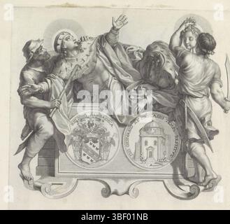 Barbarigo, Giovanni Francesco, Audenaerd, Robert van, Rom, Numismata virorum illustrium ex Barbadica gente, Waffe der Familie Barbarigo und der Tod der Heiligen Gervasius und Protasius, verso-gestempelt, Fußstück in Form einer Kartusche. Dann ein Medaillon mit dem Wappen der Familie Barbarigo mit dem Text Religio Barbadica. Auf der Rückseite die Restaurierung oder der Bau einer Kirche und einiger Maurer. Auf dem Sockel der Tod des Heiligen Gervasius und Protasius. Der Richtige wurde gerade enthauptet. Der Ausdruck ist Teil eines Albums., Druck, Albumblatt, Ausdrucke, Höhe 220 Stockfoto