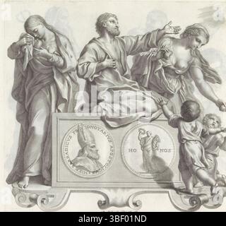 Barbarigo, Giovanni Francesco, Audenaerd, Robert van, Rom, Numismata virorum illustrium ex Barbatica gente, Porträt von Girolamo Barbarigo mit den Schriftzeichen der drei Seligsprechungen, verso gestempelt, Fußstück in Form einer Kartusche. Dann ein Medaillon mit auf der Vorderseite das Porträt von Girolamo Barbarigo mit Bischofswippe. Auf dem Rücken die Personifikation der Ehre mit Kranz und Horn der Fülle. Um den Sockel herum befinden sich drei Personifizierungen der acht Seligsprechungen: Glücklich sind diejenigen, die rein im Herzen sind; glücklich sind die Demütigen im Herzen; glücklich sind die Barmherzigen. Die Frau rechts Stockfoto