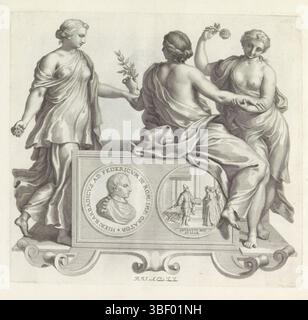 Barbarigo, Giovanni Francesco, Audenaerd, Robert van, Rom, Numismata virorum illustrium ex Barbadica gente, Porträt von Girolamo Barbarigo und die Personifikation der Freundschaft, verso-gestempelt, Fußstück in Form einer Kartusche. Dann ein Medaillon mit dem Porträt von Girolamo Barbarigo auf der Vorderseite. Auf der Rückseite befindet sich eine venezianische Delegation, die Kaiser Friedrich III. Empfangen hatte und unter einem Baldachin stand. Um den Sockel herum die Personifikation der Freundschaft, dargestellt mit den drei Gratien. Als Gruppe sind sie so angeordnet, dass beide äußeren Figuren im Gesicht und in der Mitte zu sehen sind Stockfoto