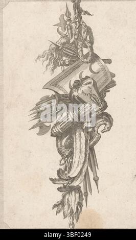 Augsburg, Gradmann, Johann, Delafosse, Jean Charles, Riedel, Gottlieb Friedrich, Trophäe mit Schild und Kopfbedeckung, Augsburg, verso - gestempelt, Trophäe mit Waffen, Schild, Fasces, Kopfbedeckung und Köcher. Verlagsnummer 20., Druck, Ornamentdrucke, Drucke, Höhe 278 mm, Breite 183 mm, Deutsch, 1724 - 1784, Printmaker, 1779 - 1779, Papier, Ätzen, Gravieren, Gravieren (Druckverfahren), Arbeitskonzeption, Französisch, 1734 - 1791-10-11, After Design, Publikation (Veranstaltung), Publikation, Herausgeber Stockfoto