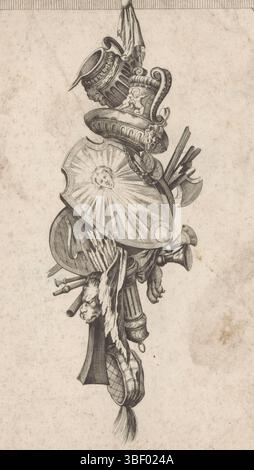 Augsburg, Gradmann, Johann, Delafosse, Jean Charles, Riedel, Gottlieb Friedrich, Trophäe mit Vasen und Schild, Augsburg, verso - gestempelt, Trophäe mit Vasen, Waffen, Schild mit der Sonne und Tierhäuten. Verlagsnummer 20., Druck, Ornamentdrucke, Drucke, Höhe 284 mm, Breite 176 mm, Deutsch, 1724 - 1784, Printmaker, 1779 - 1779, Papier, Ätzen, Gravieren, Gravieren (Druckverfahren), Arbeitskonzeption, Französisch, 1734 - 1791-10-11, After Design, Publikation (Veranstaltung), Publikation, Herausgeber Stockfoto